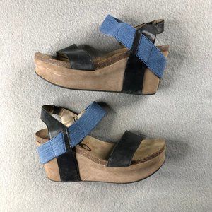 OTBT Bushnell Strappy Suede Wedge Sandals, Sz 9.5, Blue, Black, Shimmer, GUC